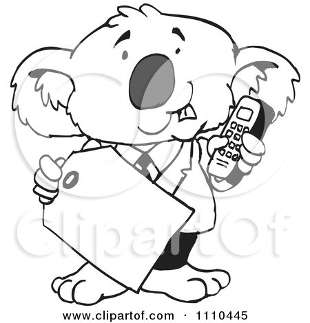 Clipart Black And White Aussie Koala Using A Cell Phone 2 - Royalty Free Vector Illustration by Dennis Holmes Designs