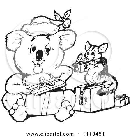 Clipart Black And White Aussie Christmas Koala Opening Presents With A Possum - Royalty Free Vector Illustration by Dennis Holmes Designs