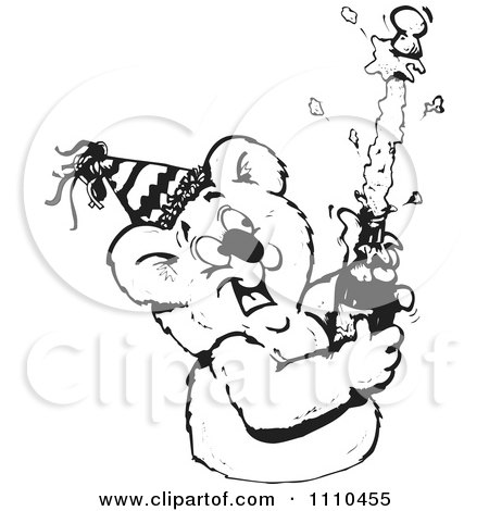 Clipart Black And White Aussie Koala Popping Champagne At A Party - Royalty Free Vector Illustration by Dennis Holmes Designs