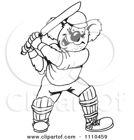 Clipart Black And White Aussie Koala Playing Cricket 2 - Royalty Free Vector Illustration by Dennis Holmes Designs