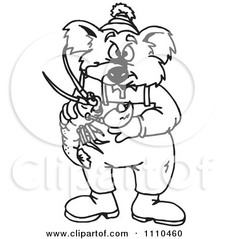 Clipart Black And White Aussie Koala Holding A Crayfish - Royalty Free Vector Illustration by Dennis Holmes Designs