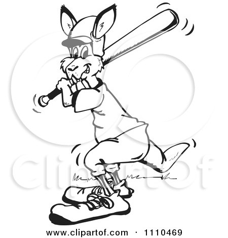 Clipart Black And White Aussie Kangaroo Playing Baseball - Royalty Free Vector Illustration by Dennis Holmes Designs