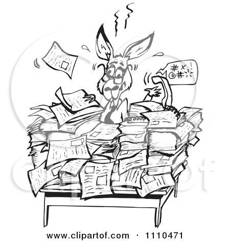 Clipart Black And White Aussie Kangaroo With Paperwork - Royalty Free Vector Illustration by Dennis Holmes Designs