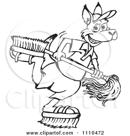 Clipart Black And White Aussie Kangaroo Janitor - Royalty Free Vector Illustration by Dennis Holmes Designs