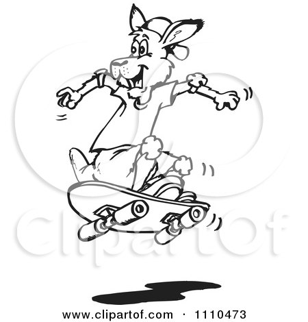 Clipart Black And White Aussie Kangaroo Skateboarding - Royalty Free Vector Illustration by Dennis Holmes Designs