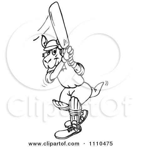 Clipart Black And White Aussie Kangaroo Cricket Player 2- Royalty Free Vector Illustration by Dennis Holmes Designs