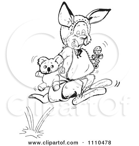 Clipart Black And White Aussie Kangaroo Baby Hopping - Royalty Free Vector Illustration by Dennis Holmes Designs