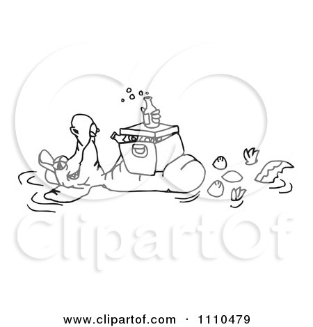 Clipart Black And White Aussie Crocodile Floating In A Pond With A Cooler And Drinks On His Belly - Royalty Free Vector Illustration by Dennis Holmes Designs