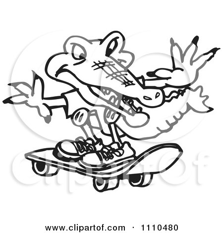 Clipart Black And White Crocodile Skateboarding - Royalty Free Vector Illustration by Dennis Holmes Designs