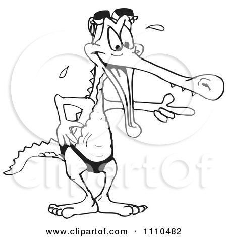 Clipart Black And White Aussie Laughing Crocodile In Swim Shorts - Royalty Free Illustration by Dennis Holmes Designs