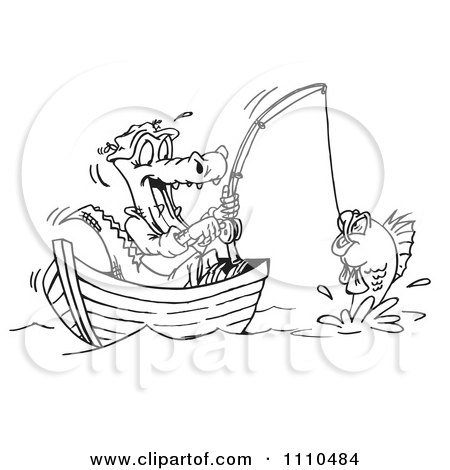 Clipart Black And White Crocodile Fishing In A Boat - Royalty Free Illustration by Dennis Holmes Designs