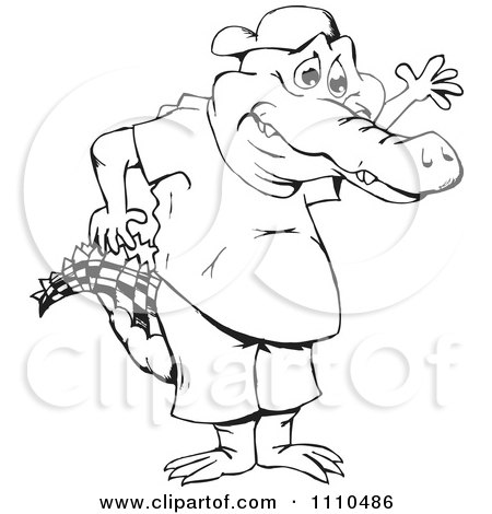 Clipart Black And White Aussie Crocodile Waving - Royalty Free Illustration by Dennis Holmes Designs