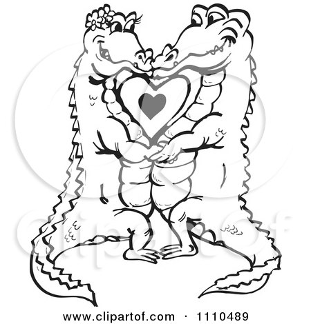 Clipart Black And White Aussie Crocodile Couple Kissing Over A Heart - Royalty Free Vector Illustration by Dennis Holmes Designs