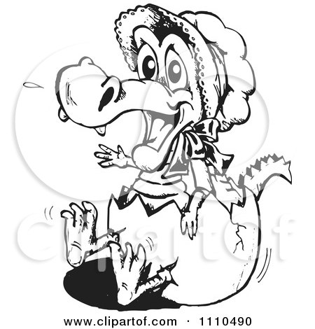 Clipart Black And White Aussie Baby Crocodile Sitting In An Egg - Royalty Free Vector Illustration by Dennis Holmes Designs