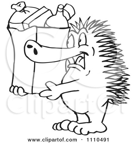 Clipart Black And White Aussie Echidna Grocery Shopping - Royalty Free Illustration by Dennis Holmes Designs