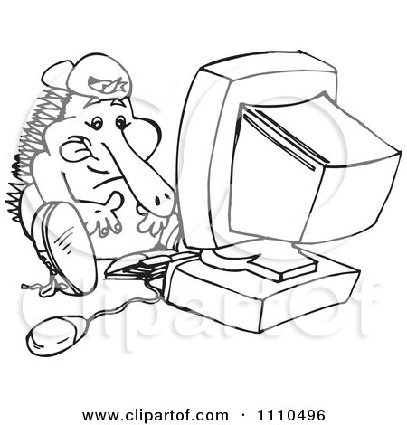 Clipart Black And White Aussie Echidna And Computer - Royalty Free Vector Illustration by Dennis Holmes Designs