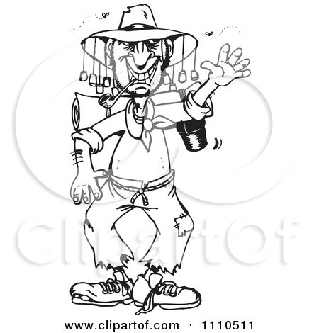 Clipart Black And White Stinky Australian Hiker Man Waving - Royalty Free Vector Illustration by Dennis Holmes Designs