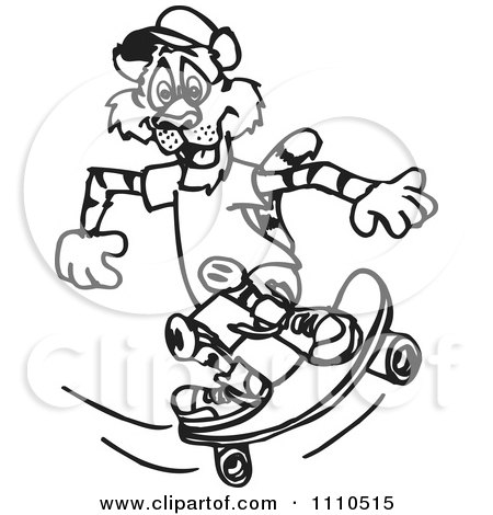Clipart Black And White Tiger Skateboarding - Royalty Free Vector Illustration by Dennis Holmes Designs