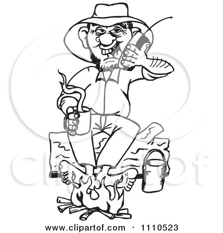 Clipart Black And White Camper Drinking Coffee By A Fire While Talking On A Cell Phone - Royalty Free Vector Illustration by Dennis Holmes Designs