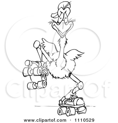 Clipart Black And White Australian Emu Roller Skating - Royalty Free Vector Illustration by Dennis Holmes Designs