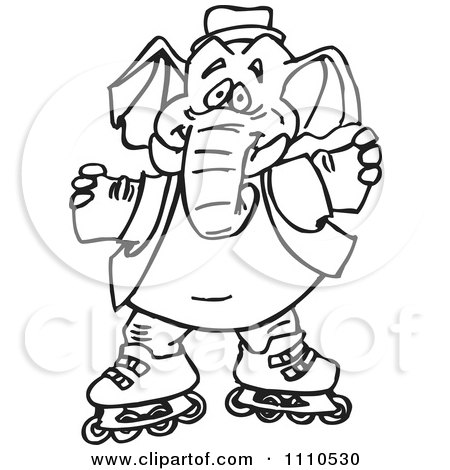 Clipart Black And White Roller Skating Elephant - Royalty Free Vector Illustration by Dennis Holmes Designs