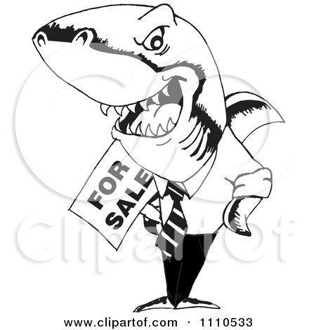Clipart Black And White Realtor Shark Holding A For Sale Sign - Royalty Free Vector Illustration by Dennis Holmes Designs