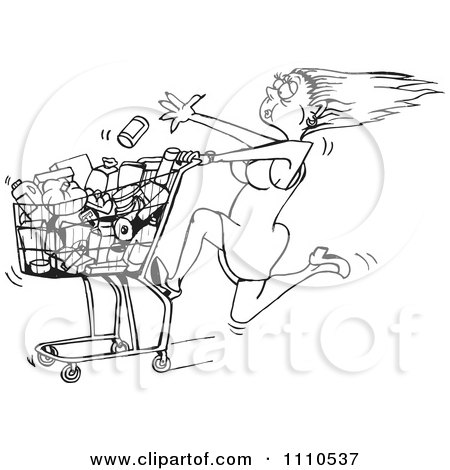 Clipart Black And White Rushed Woman Tossing Food Into A Grocery Cart - Royalty Free Vector Illustration by Dennis Holmes Designs