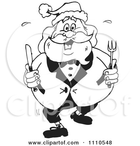 Clipart Black And White Hungry Santa Holding Silverware - Royalty Free Vector Illustration by Dennis Holmes Designs