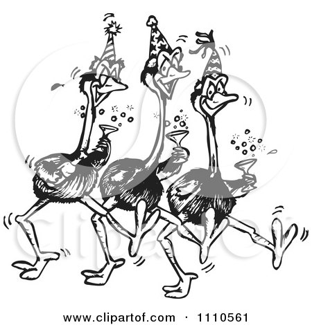 Clipart Black And White Aussie Emus Partying - Royalty Free Vector Illustration by Dennis Holmes Designs