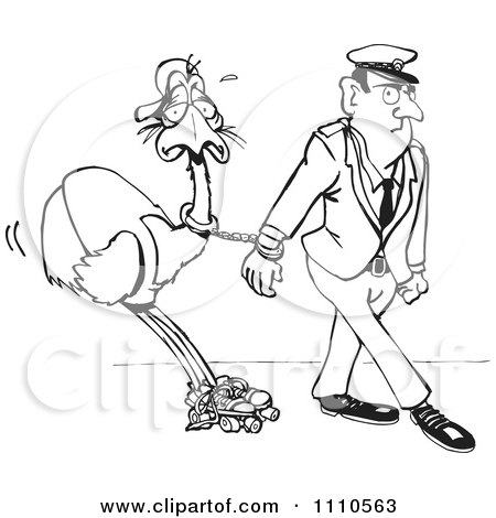 Clipart Black And White Aussie Police Officer Cuffed To A Roller Skating Emu - Royalty Free Vector Illustration by Dennis Holmes Designs