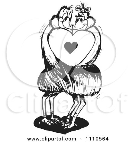 Clipart Black And White Aussie Emu Couple Kissing With A Heart - Royalty Free Vector Illustration by Dennis Holmes Designs
