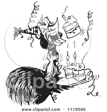 Clipart Black And White Aussie Emu With Cake At A Birthday Party - Royalty Free Vector Illustration by Dennis Holmes Designs