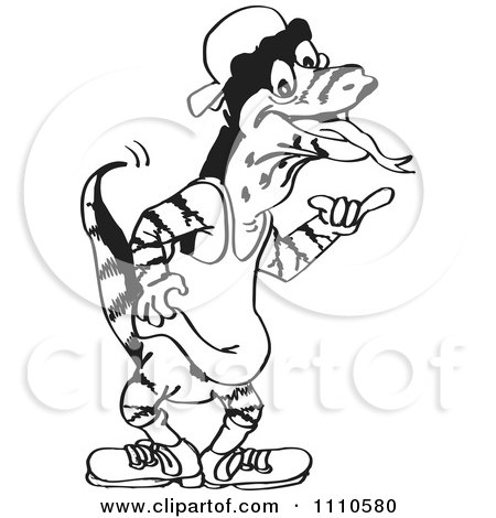 Clipart Black And White Aussie Goanna Lizard In A Tank Top - Royalty Free Illustration by Dennis Holmes Designs