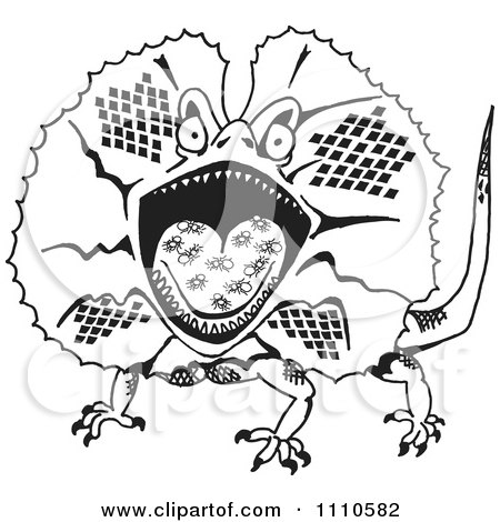 Clipart Black And White Aussie Frill Neck Lizard With Ants - Royalty Free Illustration by Dennis Holmes Designs