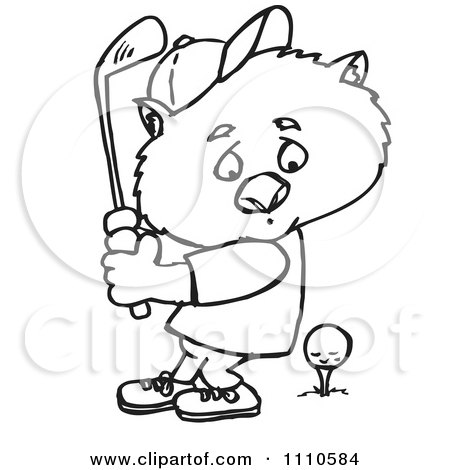 Clipart Black And White Aussie Wombat Golfing - Royalty Free Illustration by Dennis Holmes Designs