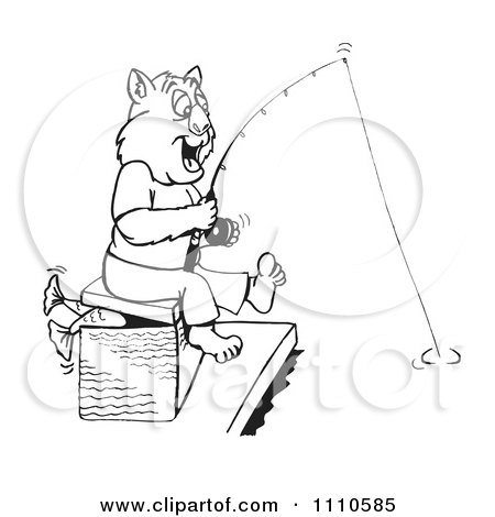 Clipart Black And White Aussie Wombat Fishing - Royalty Free Illustration by Dennis Holmes Designs