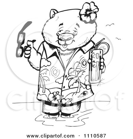 Clipart Black And White Aussie Wombat Wading In A Tropical Shirt With A Cocktail - Royalty Free Vector Illustration by Dennis Holmes Designs