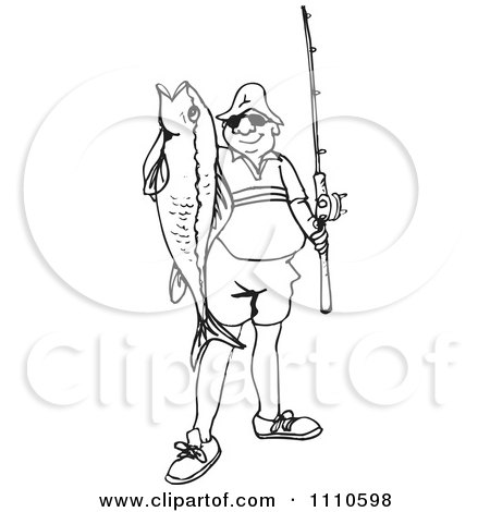 Clipart Black And White Fisherman Holding His Catch - Royalty Free Illustration by Dennis Holmes Designs