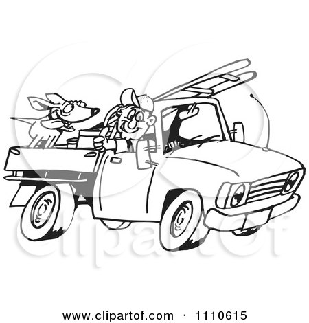 Clipart Black And White Man Driving His Truck With A Dog And Ladder In The Back - Royalty Free Illustration by Dennis Holmes Designs