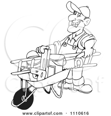 Clipart Black And White Friendly Handy Man Pushing Tools In A Wheel Barrow - Royalty Free Illustration by Dennis Holmes Designs