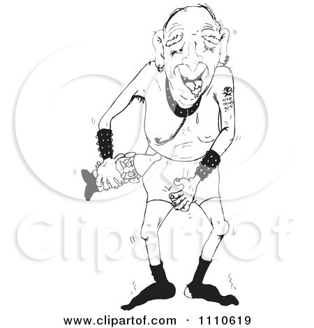 Clipart Black And White Dirty Old Man Holding A Gnome And Grabbing Himself - Royalty Free Illustration by Dennis Holmes Designs