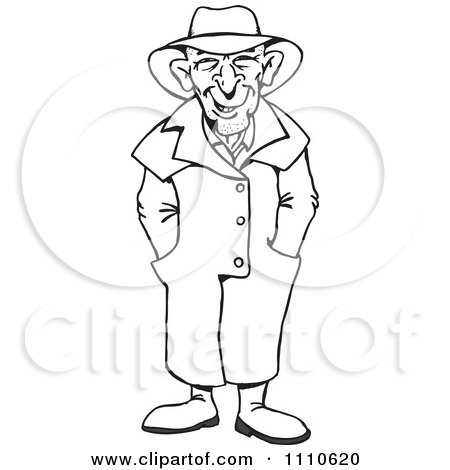 Clipart Black And White Man Wearing A Trench Coat - Royalty Free