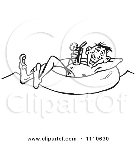 Clipart Black And White Man Drinking A Cocktail And Floating In An Inner Tube - Royalty Free Vector Illustration by Dennis Holmes Designs