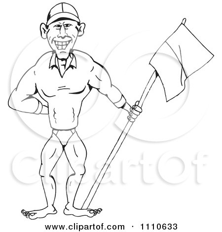 Clipart Black And White Buff Life Guard Man With A Flag - Royalty Free Vector Illustration by Dennis Holmes Designs