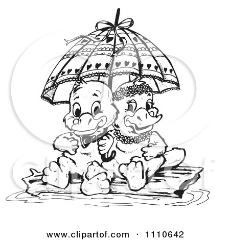Clipart Black And White Aussie Platypus Couple Sitting On A Log Under An Umbrella - Royalty Free Vector Illustration by Dennis Holmes Designs