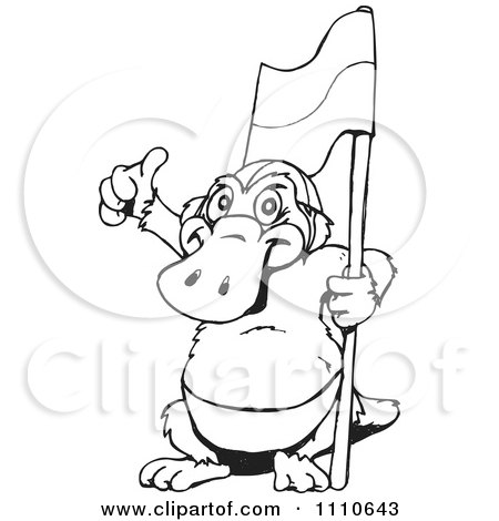 Clipart Black And White Aussie Platypus Holding A Flag And Thumb Up - Royalty Free Vector Illustration by Dennis Holmes Designs