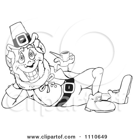 Clipart Black And White Leprechaun Laying On His Side And Smoking A Pipe - Royalty Free Vector Illustration by Dennis Holmes Designs