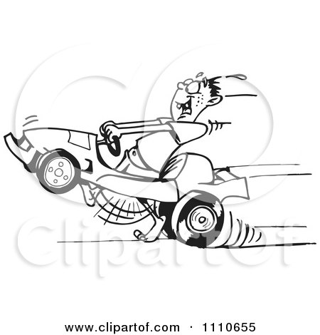 Clipart Black And White Man Running And Racing His Go Kart - Royalty Free Illustration by Dennis Holmes Designs