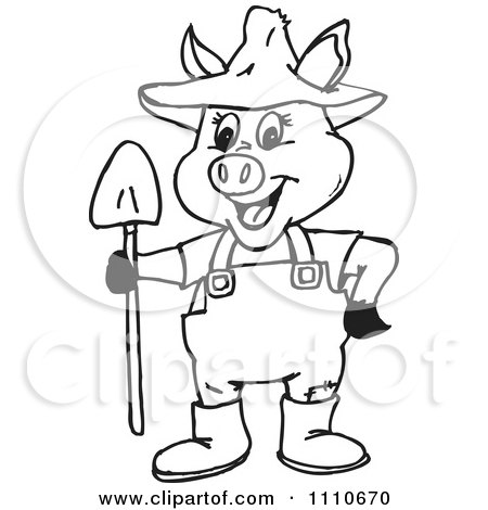 Clipart Black And White Pig Farmer - Royalty Free Illustration by Dennis Holmes Designs