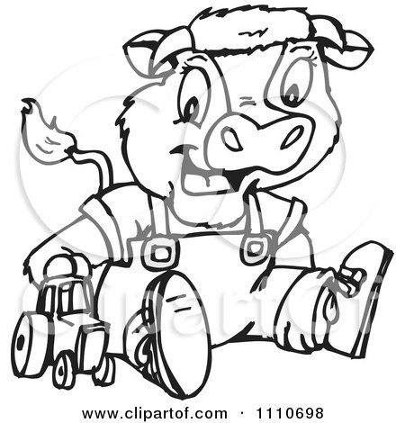 Clipart Black And White Baby Cow Playing With A Tractor Toy - Royalty Free Vector Illustration by Dennis Holmes Designs